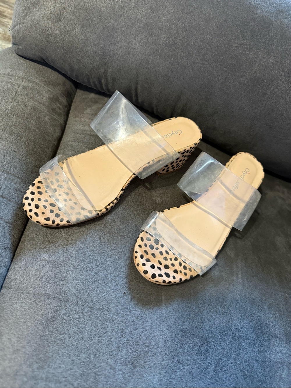 Cityclassified Clear Double-Band Slide Sandals with Leopard Accent